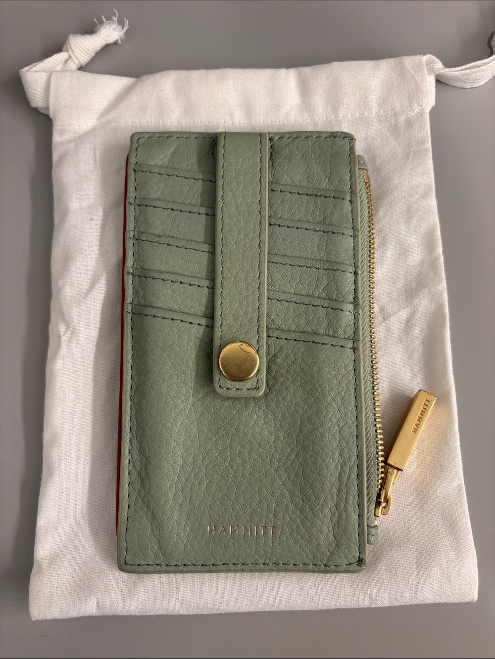 Hammitt Sage Green 210 West Pebbled Leather Card Wallet with Gold Hardware